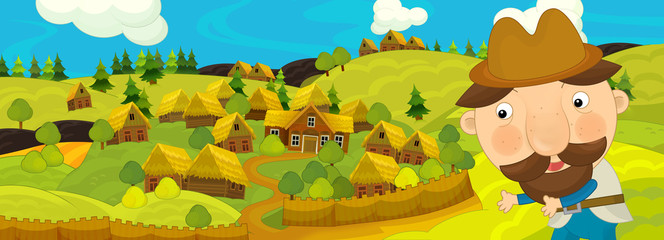 Obraz na płótnie Canvas cartoon scene with farmer walking near farm village - illustration for children