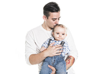 Father holding small one hand cute baby