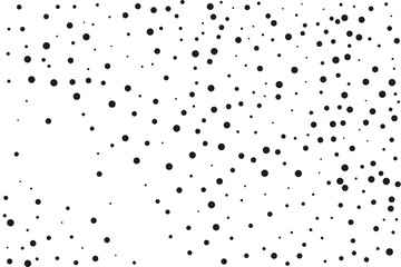 Black dots of different sizes on a white background. Abstract spray pattern.