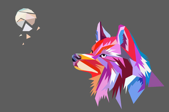 the head of a wolf looking at the moon which fell apart. polygon style.