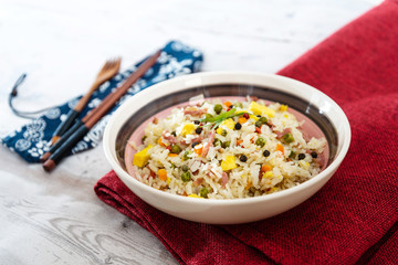 Cantonese fried basmati rice with ham and eggs