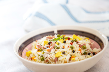 Cantonese fried basmati rice with ham and eggs