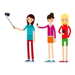 Girl selfie. Friends do joint self-portrait photograph. Happy smiling young women taking selfie photo. Illustration in flat style. Isolated