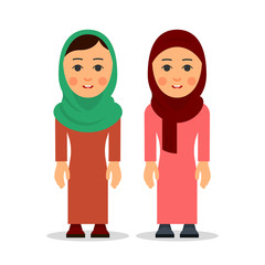 Arab woman or muslim woman. Cartoon character stand in the traditional clothing. Isolated characters of representatives of Islam on a white background in a flat style