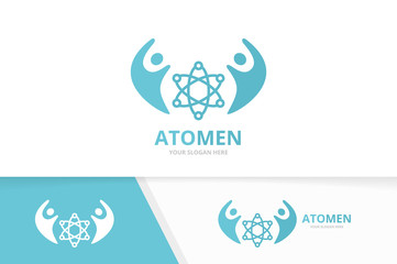 Vector atom and people logo combination. Molecule and family symbol or icon. Unique science and team logotype design template.