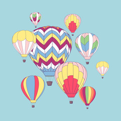 Obraz premium Vector illustration, decorative design template. Bright retro card with hot air balloons.