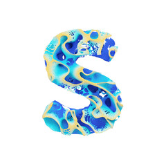 Sea alphabet letter S uppercase. Tropical exotic font made of blue wavy water and yellow sand. 3D render isolated on white background.