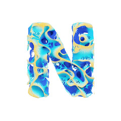 Sea alphabet letter N uppercase. Tropical exotic font made of blue wavy water and yellow sand. 3D render isolated on white background.