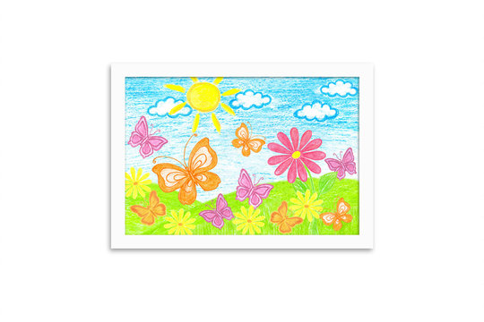 Photo frame with summer motif picture. Colored pencils drawing, author's design illustration. Colorful butterflies and daisy flowers. Wall art decor mock up