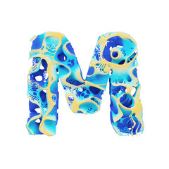 Sea alphabet letter M uppercase. Tropical exotic font made of blue wavy water and yellow sand. 3D render isolated on white background.