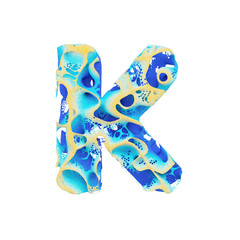 Sea alphabet letter K uppercase. Tropical exotic font made of blue wavy water and yellow sand. 3D render isolated on white background.