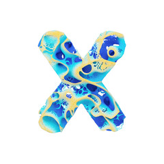 Sea alphabet letter X uppercase. Tropical exotic font made of blue wavy water and yellow sand. 3D render isolated on white background.
