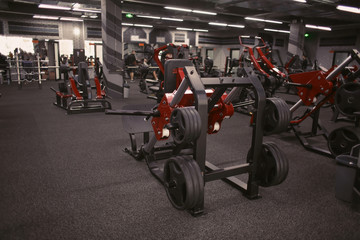 Modern equipment in new gym indoors