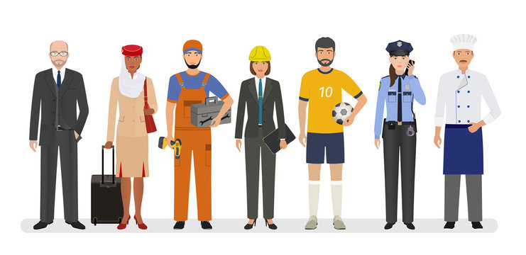 Employee and workers characters standing together. Group of seven people with different occupation.