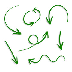 Vector Set of Hand Drawn Green Arrows with Shadows.