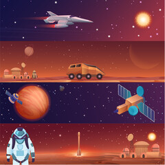 Vector illustration banners of space flight spaceships exploration. Mars in outer space, galaxy Mars rover, rocket shuttle and colony city base with astronaut. © lembergvector