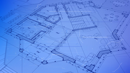 architectural blueprint - the architectural plan of a modern residential building with the layout of the interiors of different rooms, elements of furniture & equipment on a  technological background