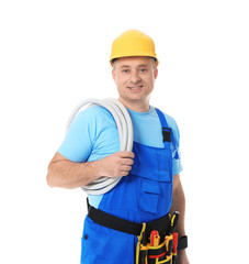 Mature electrician with wires on white background