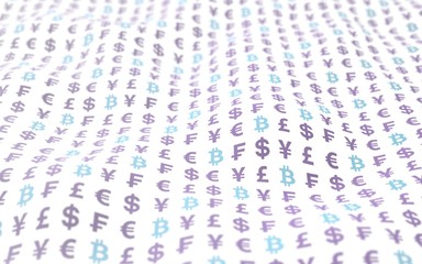 Bitcoin and currency on a white background. Digital Cryptocurrency symbol. Wave effect, currency market fluctuations. Business concept. 3D illustration