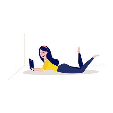 Online distant education concept with young woman, female student character lying at floor holding tablet computer, reading or doing research smiling. Vector cartoon illustration