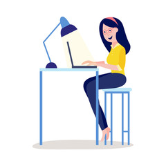 Online distant education concept with young woman, female student character sitting at desk typing on laptop, reading or doing research smiling. Vector cartoon illustration