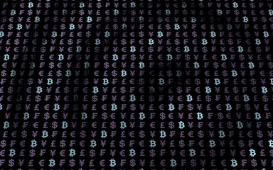 Bitcoin and currency on a dark background. Digital Cryptocurrency symbol. Wave effect, currency market fluctuations. Business concept. 3D illustration