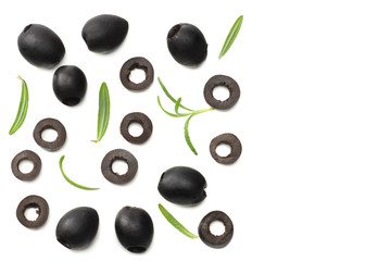 Marinated black olives with rosemary isolated on white background. top view