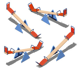 Набор детских оранжево-голубых качелей - балансиров, для катания вдвоем, изометрический векторный рисунок на белом фоне с тенью