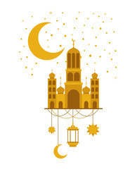 arabic castle with moon and decoration hanging in the night vector illustration