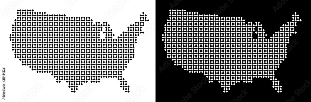 Poster Vector rhombic dot USA map. Abstract geographic maps in black and white colors on white and black backgrounds. USA map created of rhombus element array.