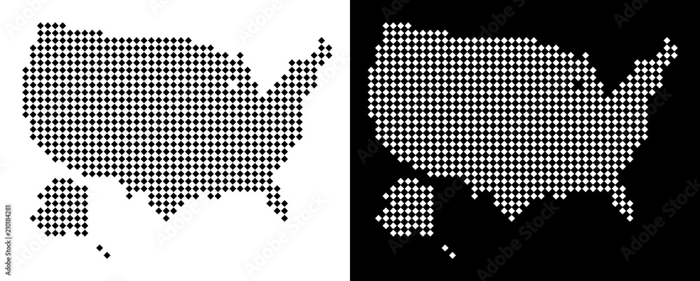 Poster Vector rhombic dot USA with Alaska map. Abstract territory maps in black and white colors on white and black backgrounds. USA with Alaska map constructed of rhombic small item pattern.