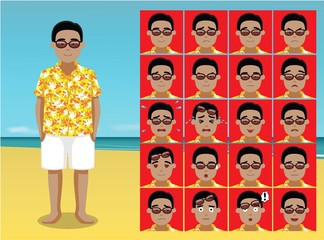 Summer Beach Glasses Man Cartoon Emotion faces Vector Illustration