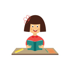 Flat girl kid studying sitting at table holding textbook with pencils and notebook at desk. Happy teen female child student smiling. School education concept. Vector illustration