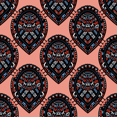 Geometric, hand drawn seamless pattern in ethnic style. Tribal, folk traditional motifs. For fabrics, wallpaper and other things.