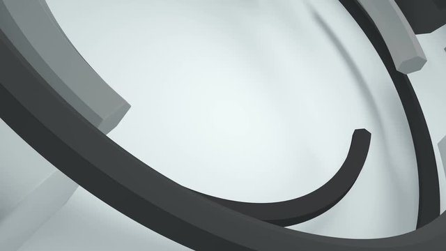 3d render abstract background. Circular composition. Diagonal angle of view of camera to loopable rotation of arc with hexagon cross-section.
