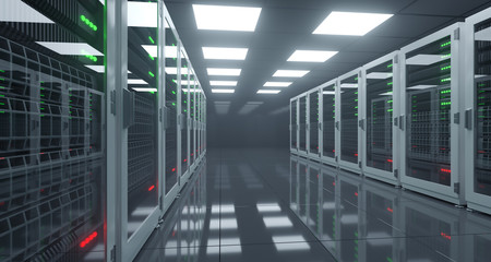 Big High Tech Server Data Center With Reflective Floor And A Lot Of Servers Artificial Intelligence Concept. 3D Rendering