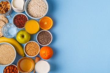Useful breakfast on a blue pastel background