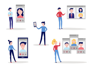 Video call chat conference set with men and women using smartphone and computer to speak with other people over web camera isolated on white background, flat vector illustration.
