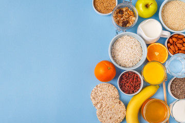 Useful breakfast on a blue pastel background