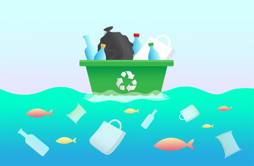 Fototapeta na wymiar Plastic garbage (bag, bottle) in the ocean. Environmental design plastic garbage fishes. Stop ocean plastic pollution vector illustration. 