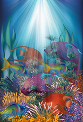 Underwater card with tropical fish, vector illustration