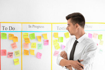 Man near scrum task board with stickers in office