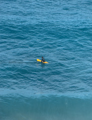 An aerial view of surfer waiting for a wave in the ocean on a clear day
