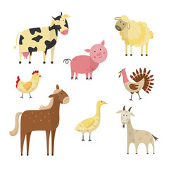 Flat farm animals and birds live stock set. Funny mammals - spotted white black cow, brown horse, pink pig white goat sheep. Domestic birds - chicken or rooster turkey and goose. Vector illustration