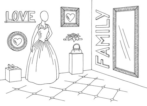 Wedding boutique graphic black white shop sketch interior illustration vector