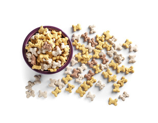 Pet food in bowl on white background