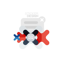 Flat design cross shape geometric sticker icon, paper style design with buy now sample text, for business or web presentation, app or interface buttons