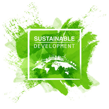 Sustainable development logo with green watercolor paint background, Vector illustration