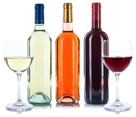 Wein Flaschen Glas Weinflaschen Weinglas Rotwein Weißwein Rose freigestellt Freisteller