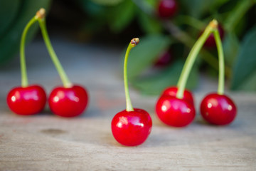 Ripe sweet cherries on wooden table